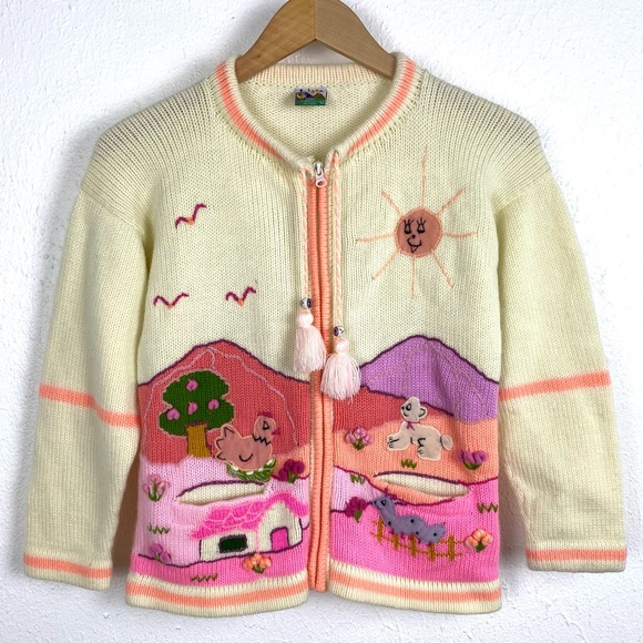 Other - Kid’s Zip Up Wool Blend Cardigan Peru Sweater with Pink Farm Animals Sunshine